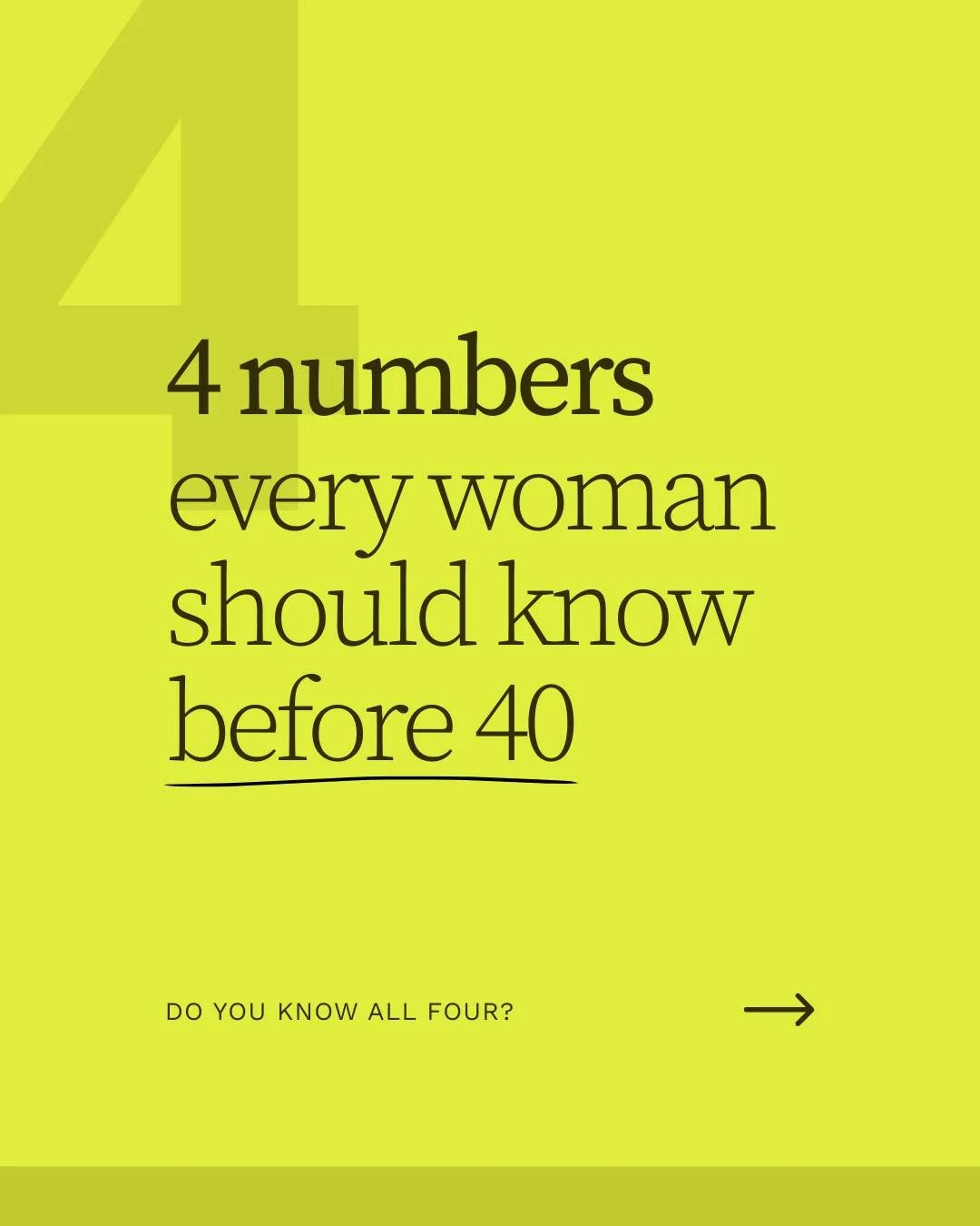 The 4 numbers every woman should know by 40 👇

1. Savings rate &mdash; the % of your income you're actually keeping + investing, not just earning
2. Net worth &mdash; assets minus liabilities. The real scoreboard.
3. Coast FI number &mdash; the amou