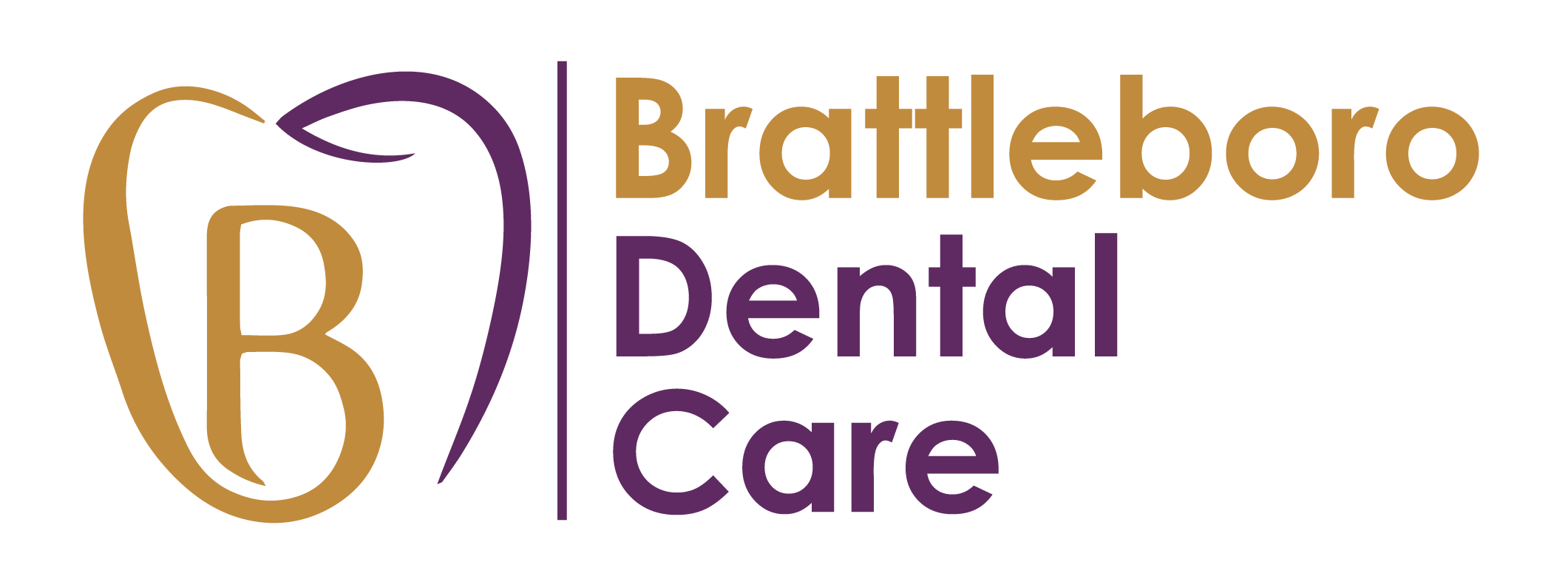 Brattleboro Dental Care logo with stylized tooth, purple and gold colors.