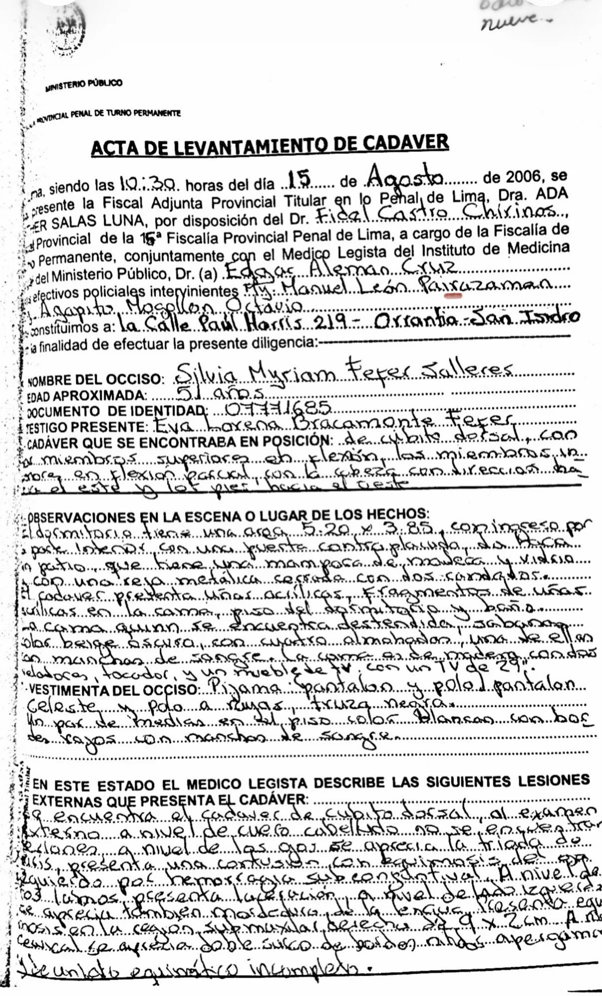 levantamiento de cadaver Myriam Fefer