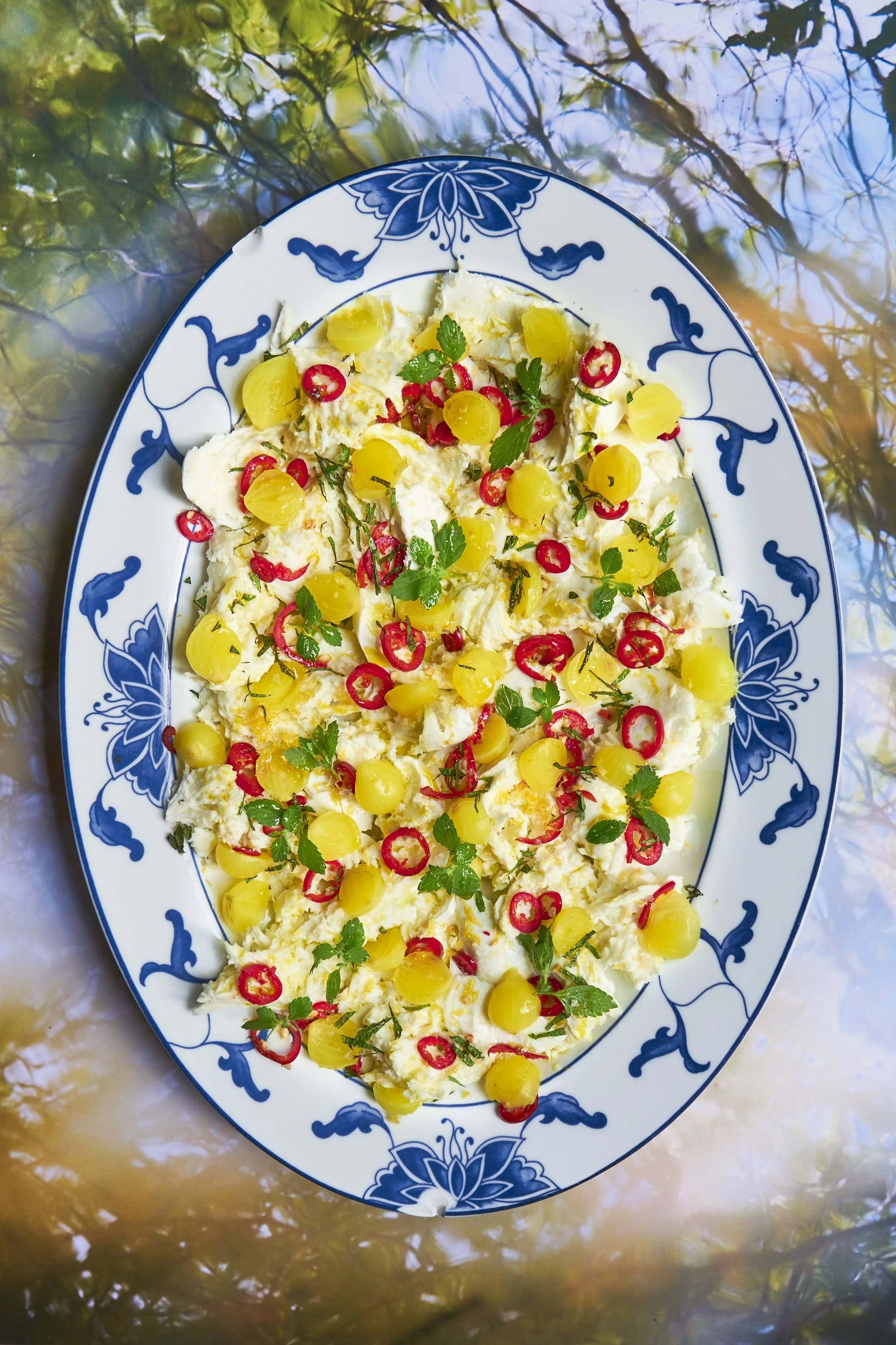 Een bord met een salade van mozzarella, Amsterdamse uitjes, chilipeper en basilicum geplaatst op een tafel met een lichte, door bloesems getinte achtergrond.