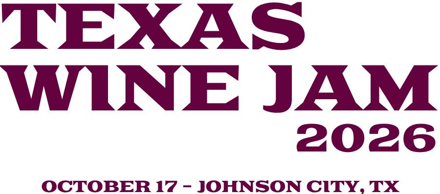 Texas Wine Jam 2026 logo with event date October 17 and location Johnson City, Texas in purple text.