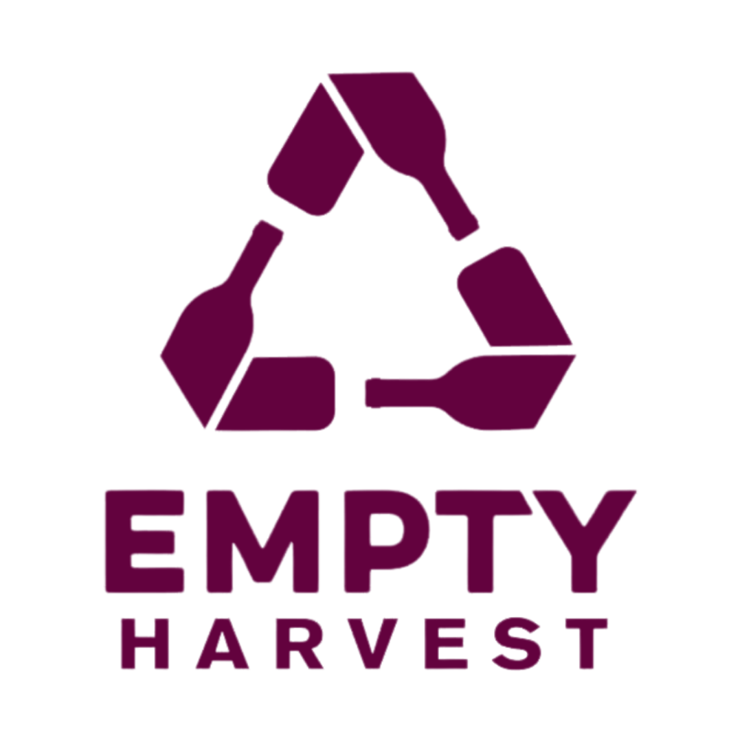 A purple recycling symbol with five segments, and the words "EMPTY HARVEST" below in purple text.
