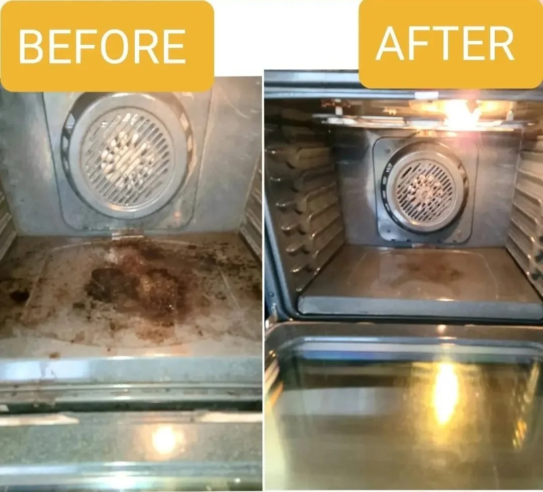 Baked-on grease and food residue fully removed, restoring the oven.