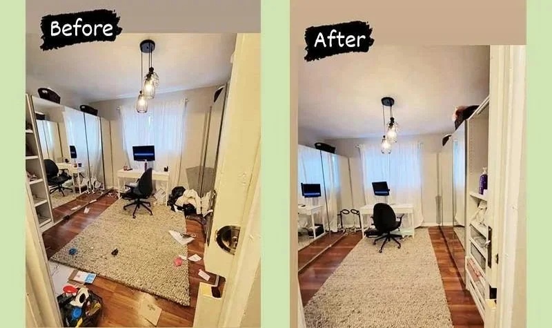 A cluttered space transformed into a clean, organized, home office.