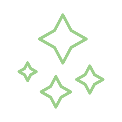Four glowing green star-like shapes of different sizes on a black background.
