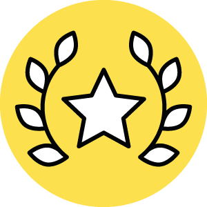 Gold medal with a star in the center and a laurel wreath around it on a yellow background.