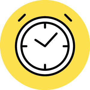 An analog clock showing the time as 4:00 inside a yellow circle.