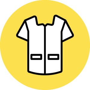 Illustration of a white vest with black outlines on a yellow circular background.