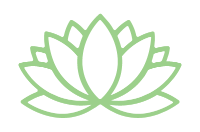 Outline of a green lotus flower with multiple petals on a black background.