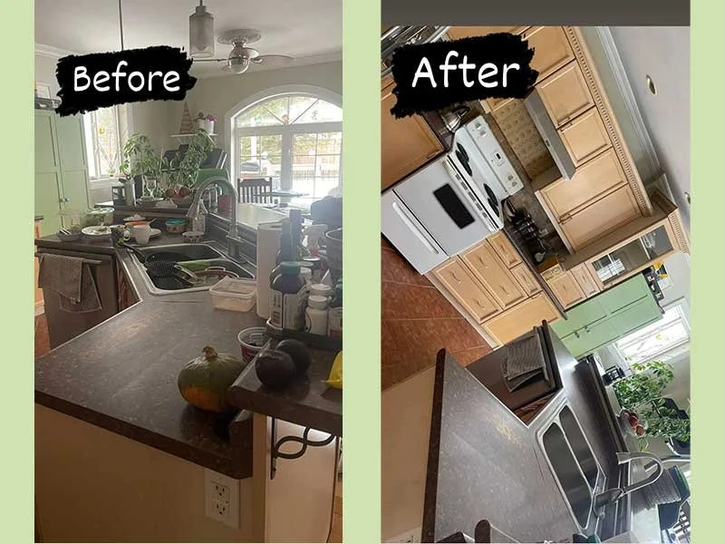 Every surface wiped down and reset, from counters to cabinets.
