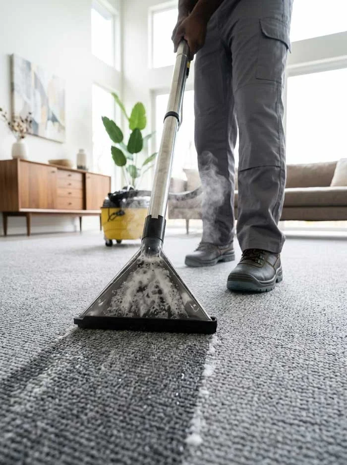 Close up of man steam cleaning carpet in a bright airy house