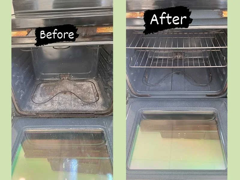 Years of burnt-on residue cleared from the racks, walls, and door glass.