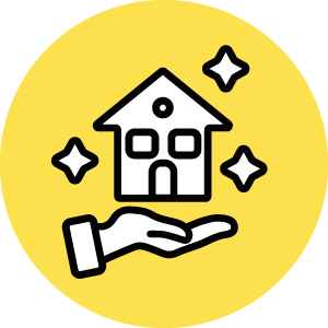 A hand holding a house with sparkling stars around it on a yellow background.