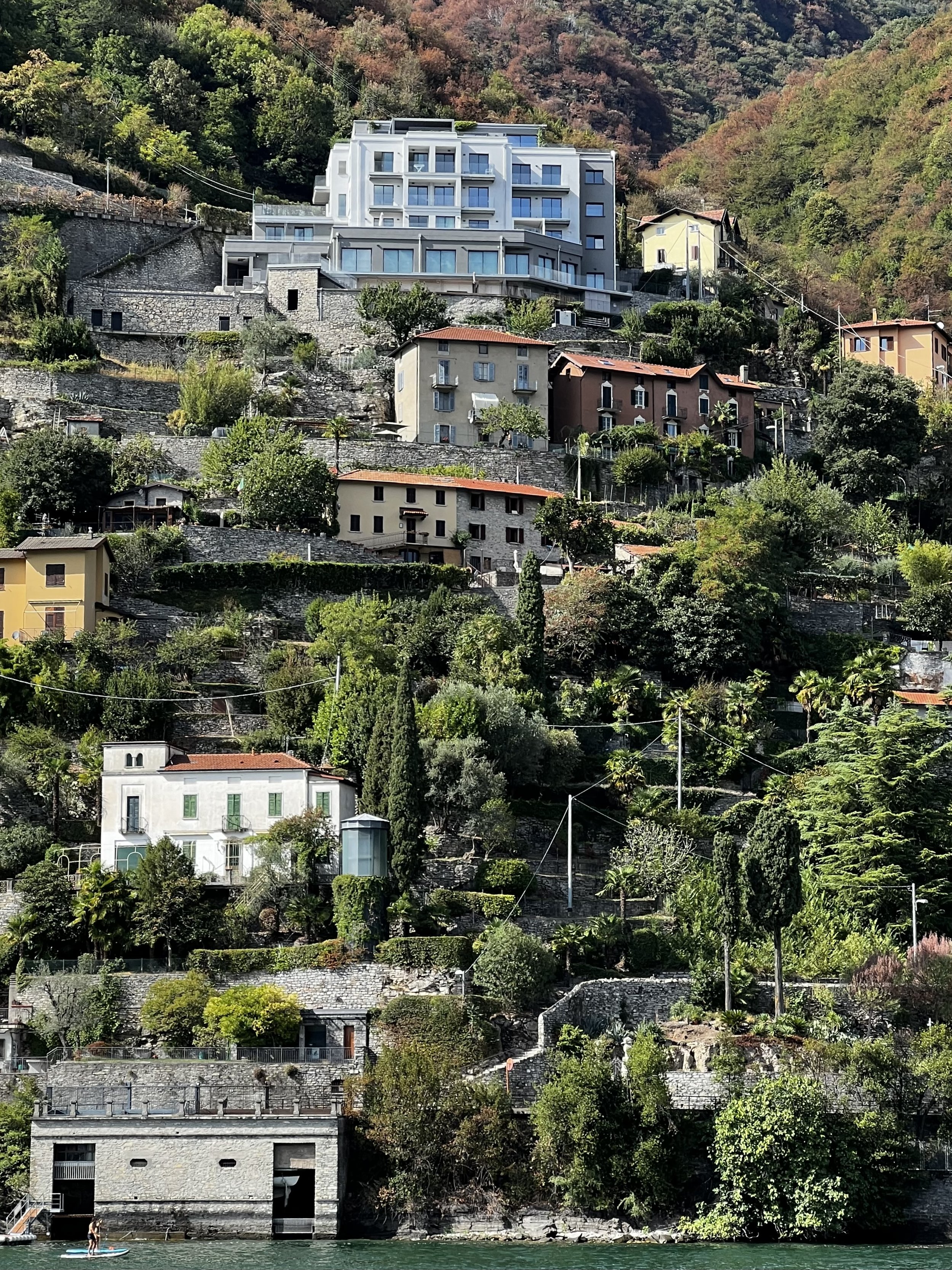 Hillside with houses and greenery overlooking a river with paddleboarders.