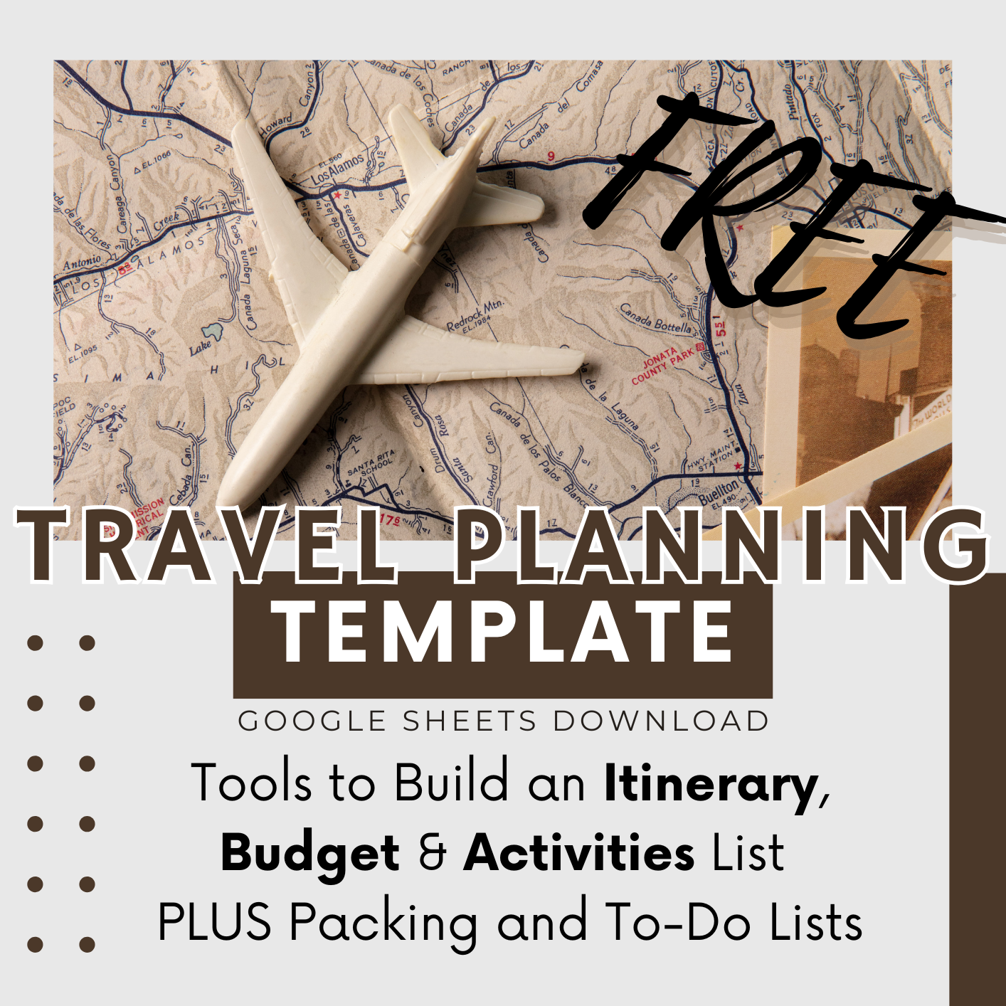 A cover for a travel planning template featuring a map with a toy airplane and a photograph. The text includes "Travel Planning Template", "Tools to Build an Itinerary, Budget & Activities List", and mentions downloadable via Google Sheets along with packing and to-do lists.