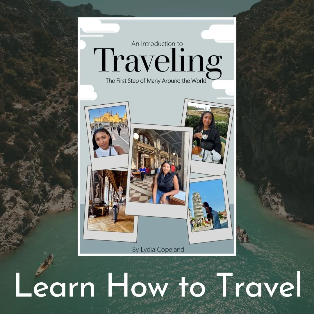 Cover of a travel guidebook titled "An Introduction to Traveling" by Lydia Copeland, featuring photos of a woman at various travel destinations, including historical sites and scenic views, with the subtitle "The First Step of Many Around the World" and the phrase "Learn How to Travel" at the bottom.