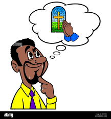 A cartoon man with a beard and yellow shirt thinking about questions related to Favor Unlimited Church