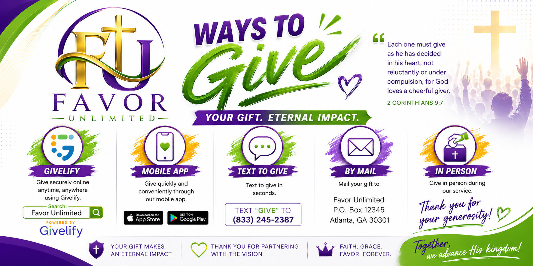 Poster showcasing various ways to give donations to Favor Unlimited, including online via Givelify, mobile app, text message, mail, or in person at a church service. The poster features colorful graphics, icons for each method, a Bible quote from 2 Corinthians 9:7, and a call to give generously.