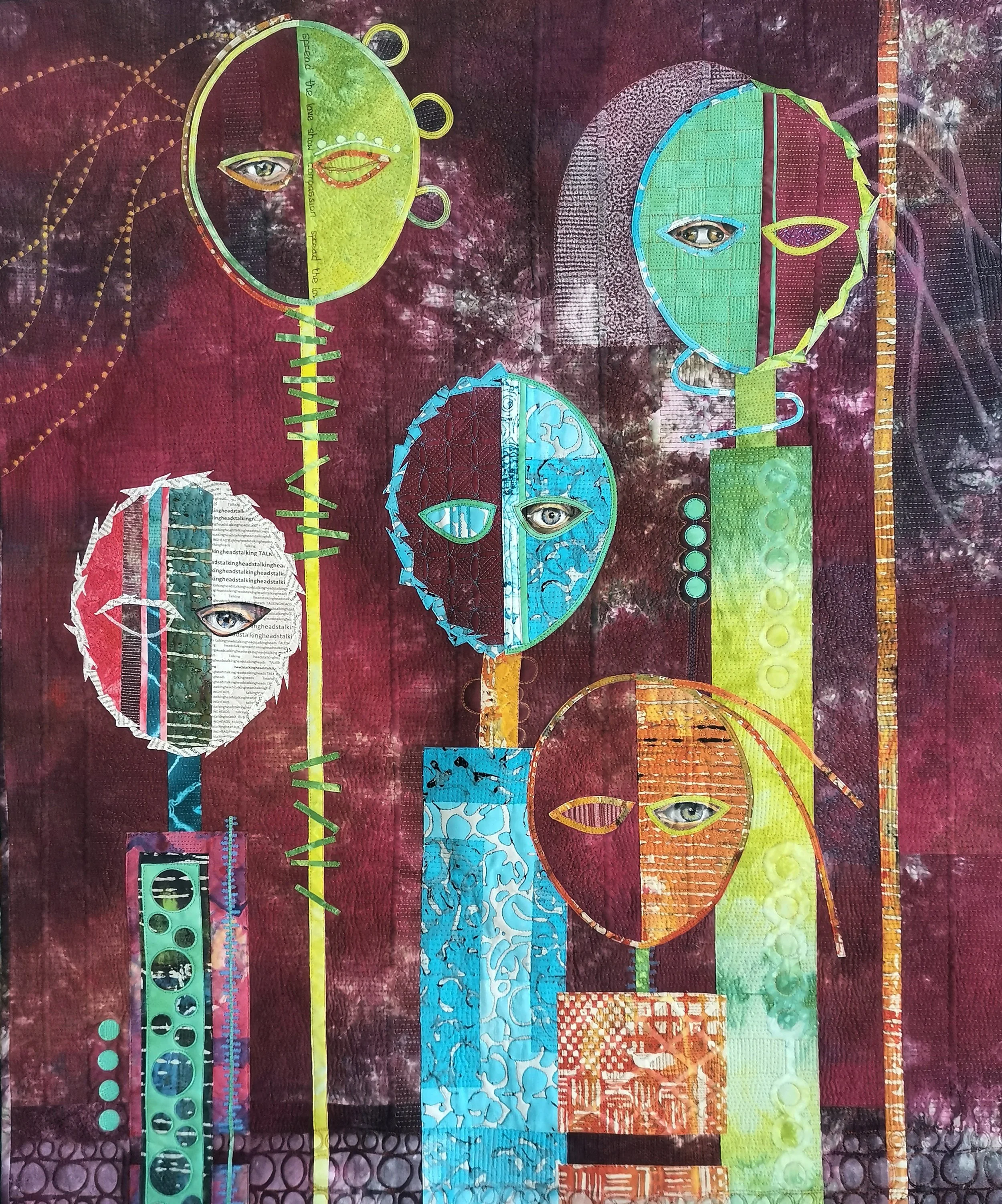 Abstract artwork featuring five stylized faces with elongated eyes and geometric patterns, set against a textured burgundy background. The faces are colorful, using blues, greens, reds, and oranges, with intricate details and linear elements.