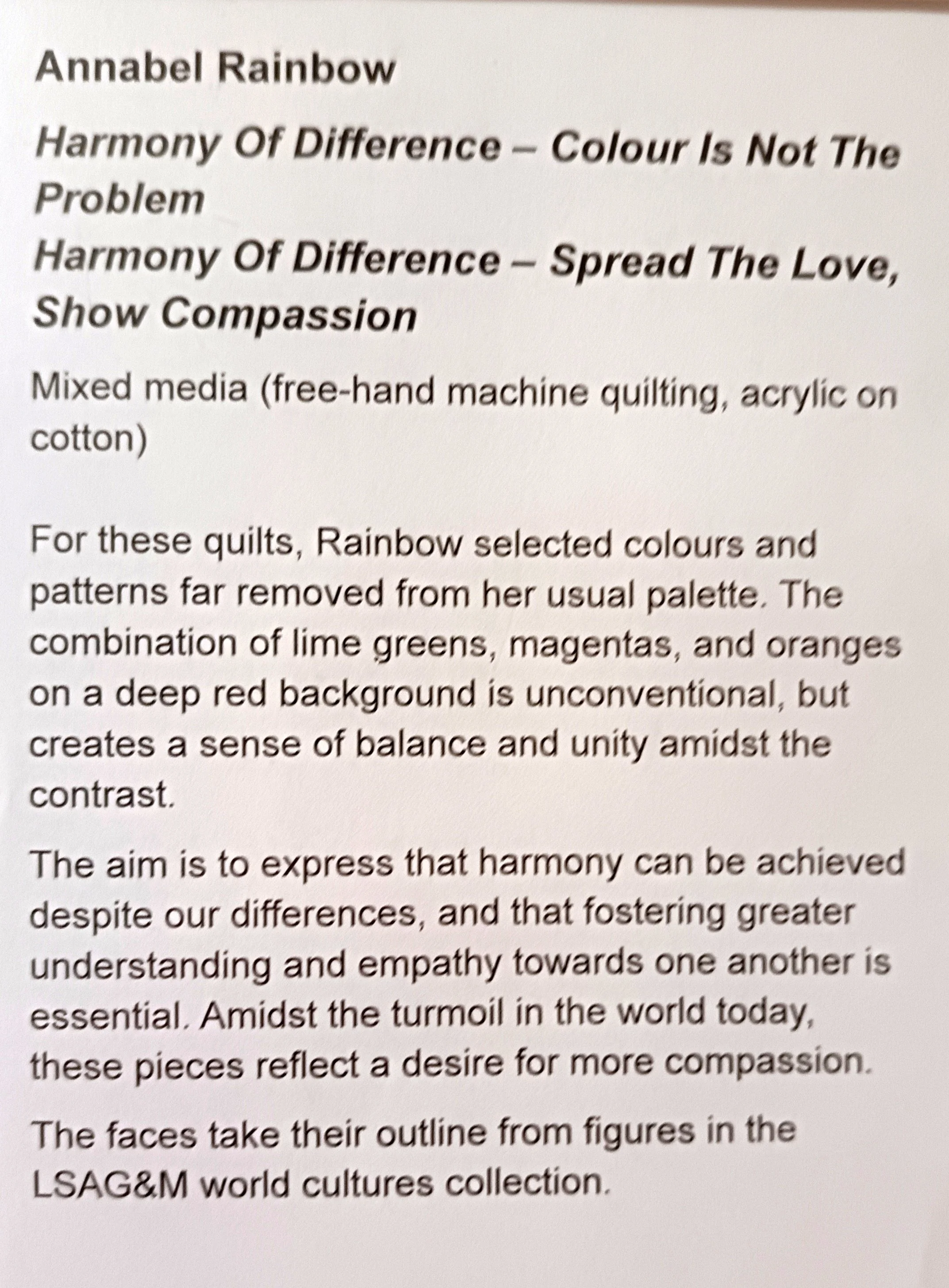 Text about artist Annabel Rainbow and her mixed media quilt titled 'Harmony Of Difference'.