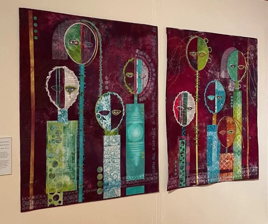 The Harmony of Difference quilts. 2 in a series carrying on the Windrush Portrait series. Annabel Rainbow textile artist.