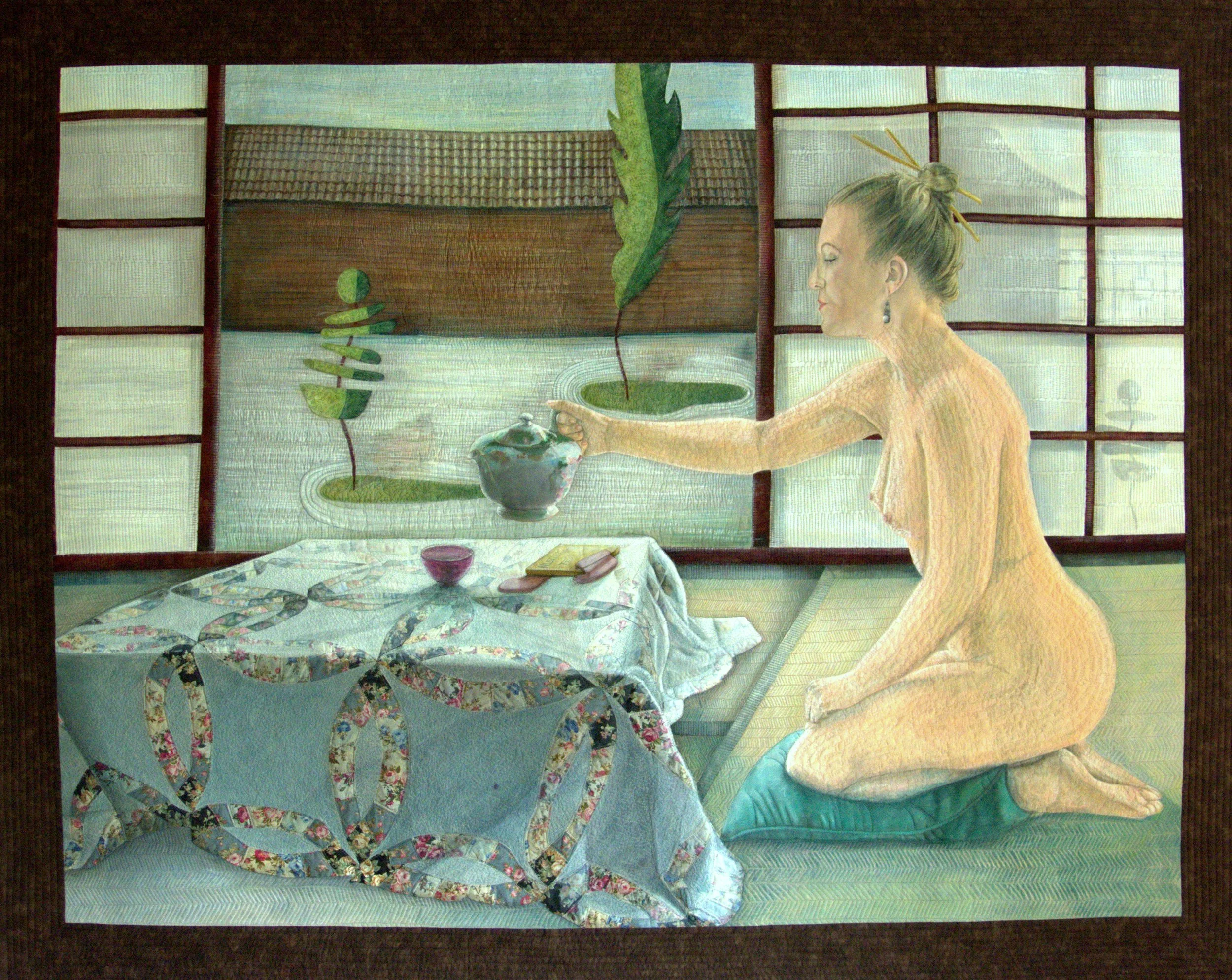 Life quilt by Annabel Rainbow of a woman seated on a floor mat in a Japanese-style room, pouring tea from a teapot on a table covered with a patterned cloth. The room features sliding panel doors and a view of a traditional garden outside.