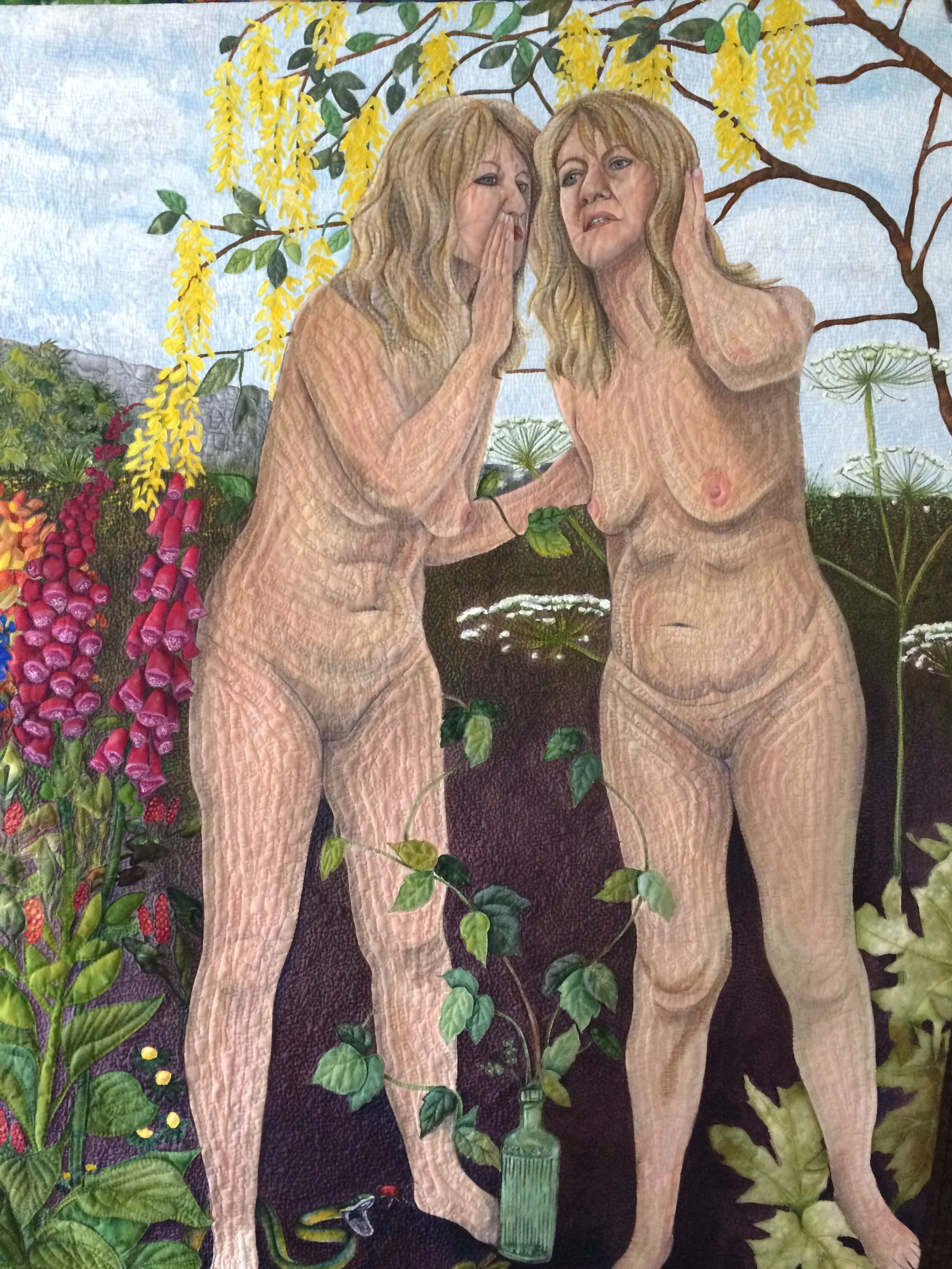 Two naked women standing under a tree with yellow flowers, whispering to each other. Surrounded by lush greenery and colorful plants.