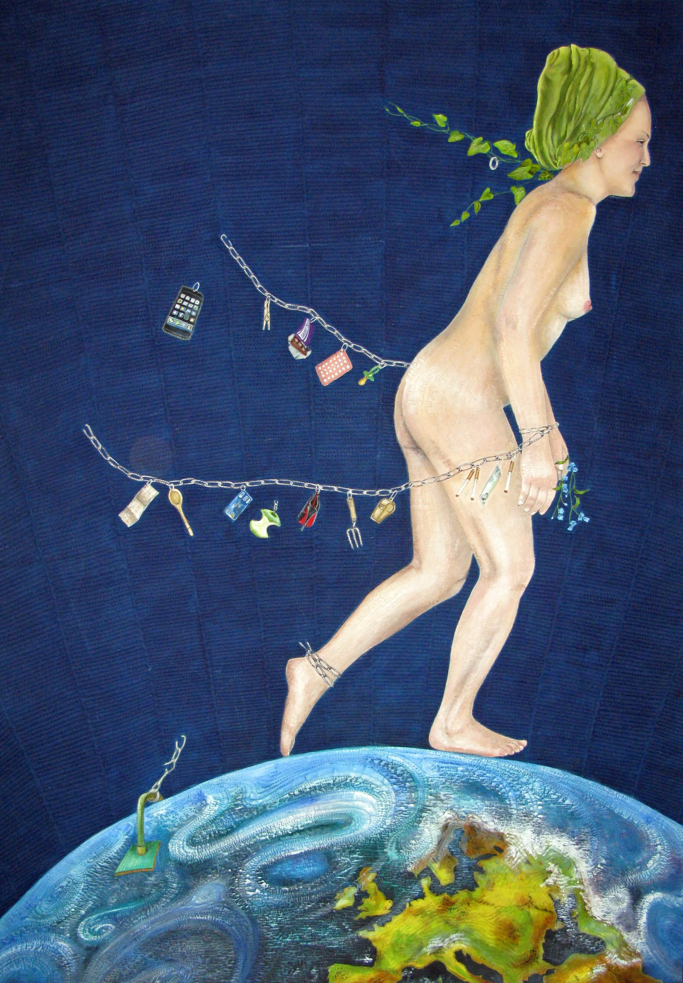 Surreal painting of a nude person walking barefoot on Earth, wrapped in a chain with various items attached, such as a phone, key, and purse, set against a dark blue background.