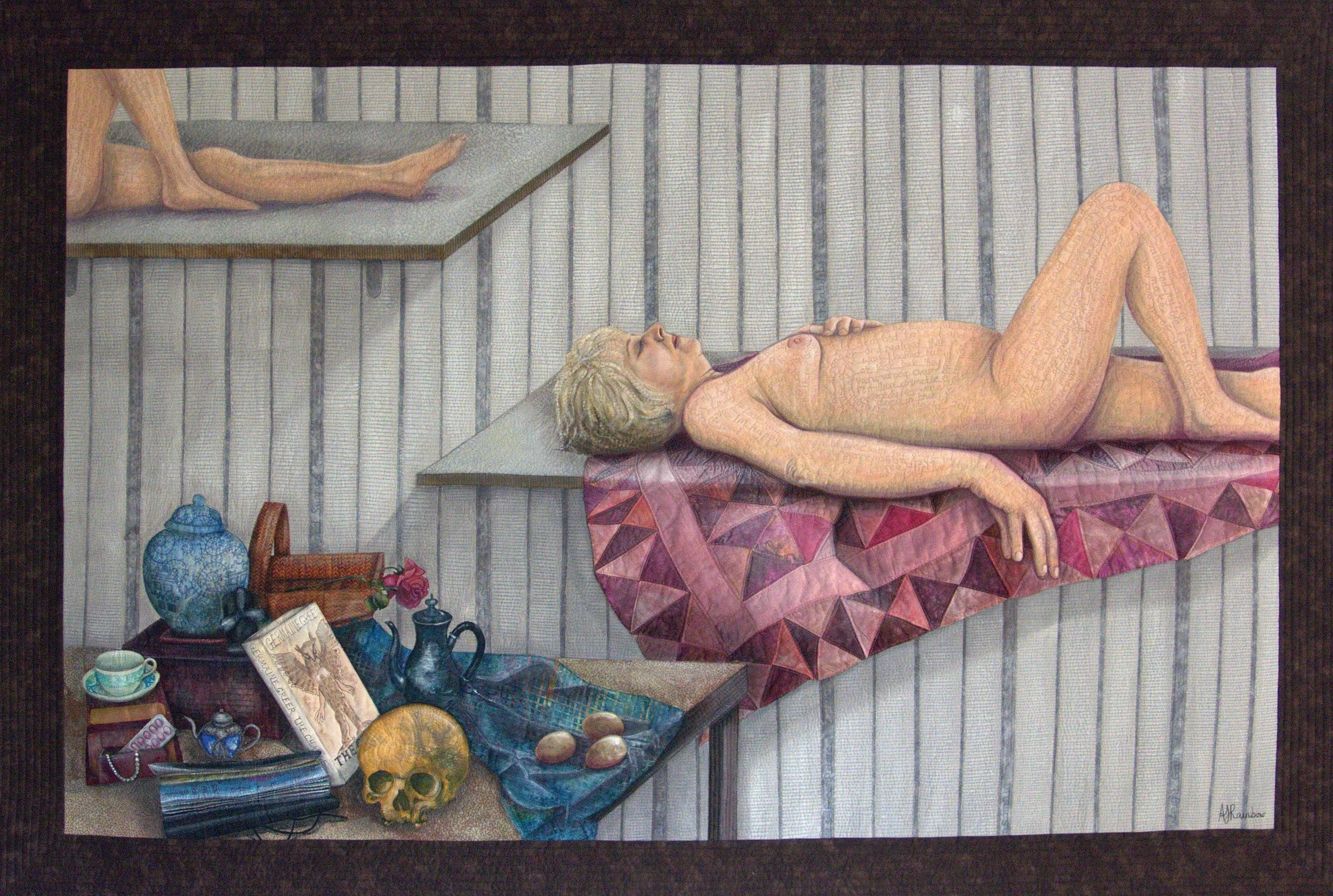 Surreal art depicting a naked figure lying on a geometric-patterned surface with text on the skin. 
The scene includes shelves with eclectic items like a skull, teapot, and books.

A partial figure is shown on a platform above.