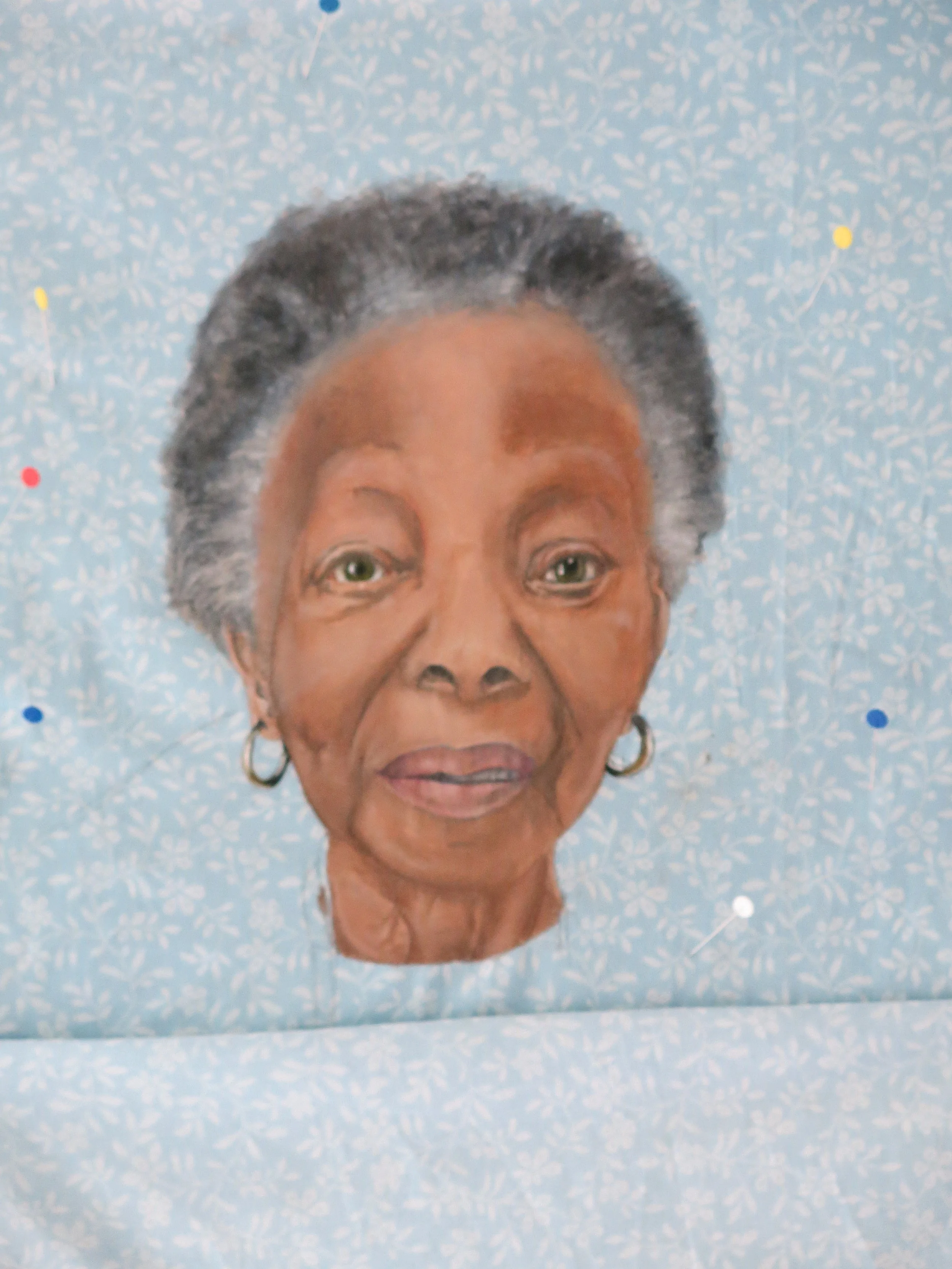Windrush Portrait series of quilts by Annabel Rainbow. Clarice Thompson. SOLD Photo shows process.