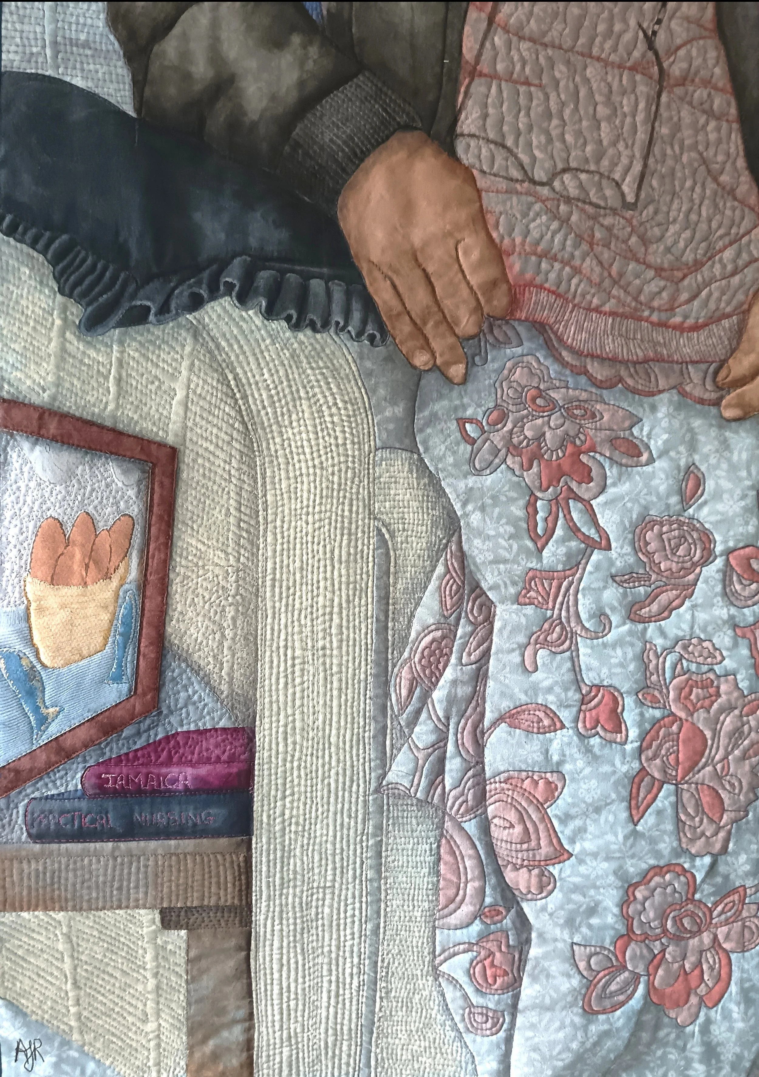 Windrush Portrait series of quilts by Annabel Rainbow. Clarice Thompson. SOLD. Process photo.