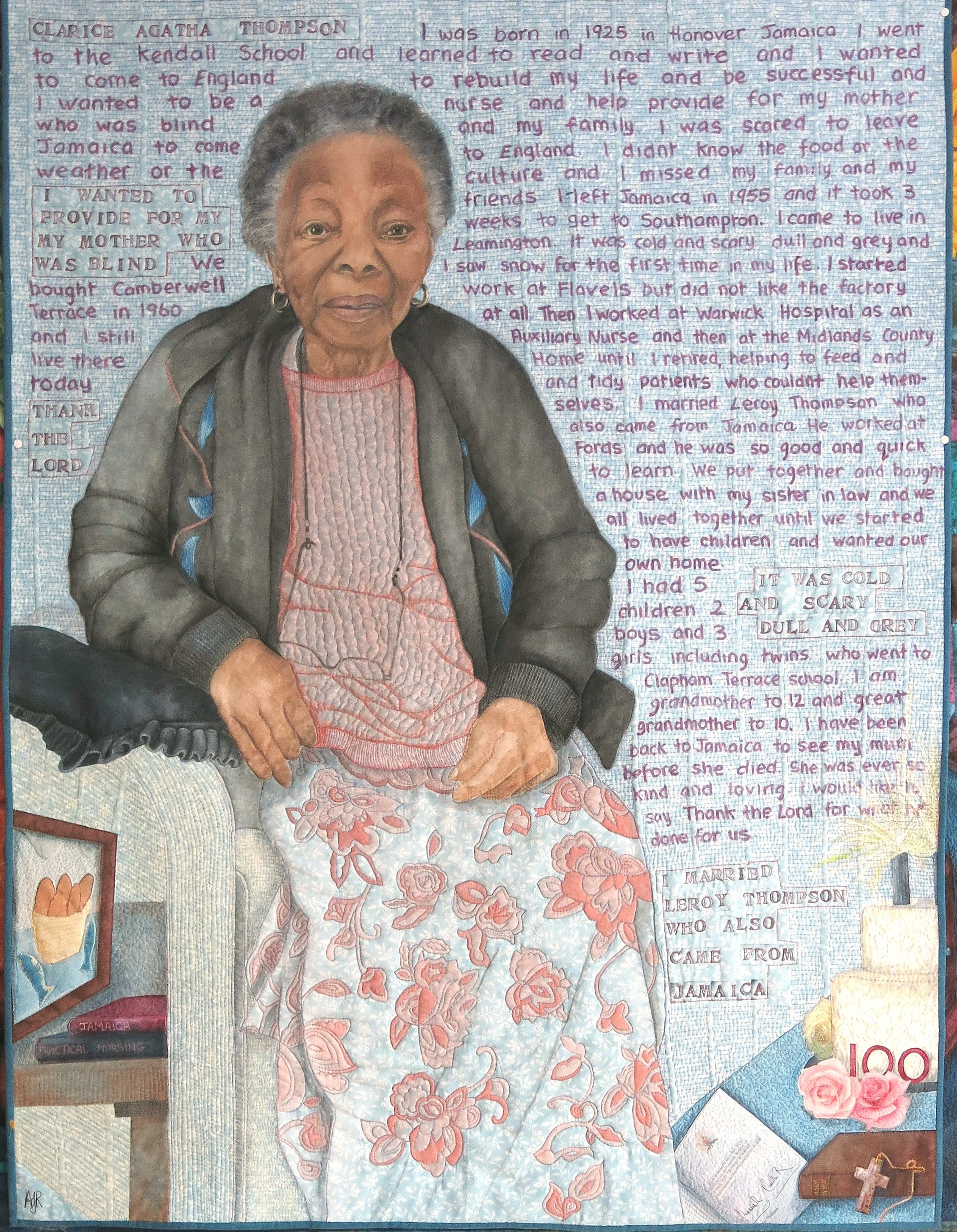 Windrush Portrait series of quilts by Annabel Rainbow. Clarice Thompson. SOLD. Process photo.