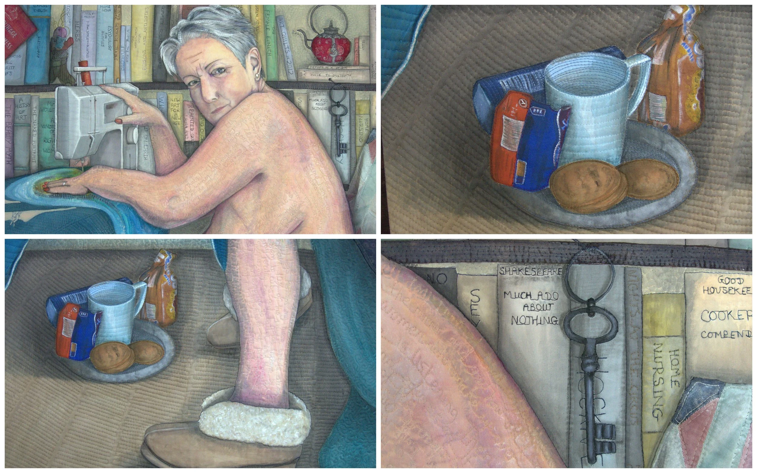 Collage of quilting artwork depicting a person sewing in front of bookshelves filled with books, a vintage key, and a teapot. Another panel shows a tray with a mug, cookies, and snack packages. A person wears slippers, partially visible in a panel, and further book titles are visible. The quilt has a textured and detailed appearance with hand-stitched words.