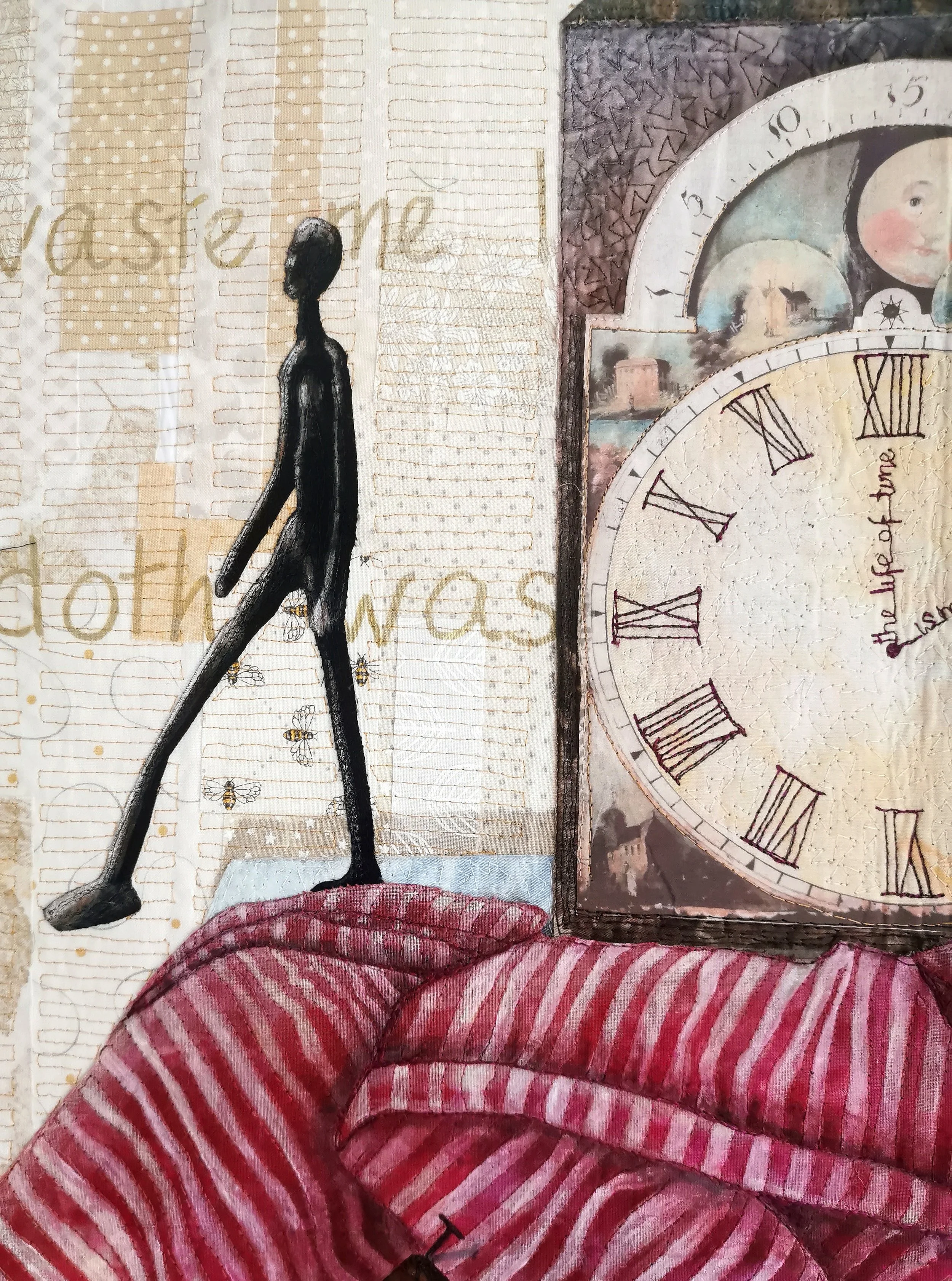Abstract art with a black figure, vintage clock face, and striped fabric