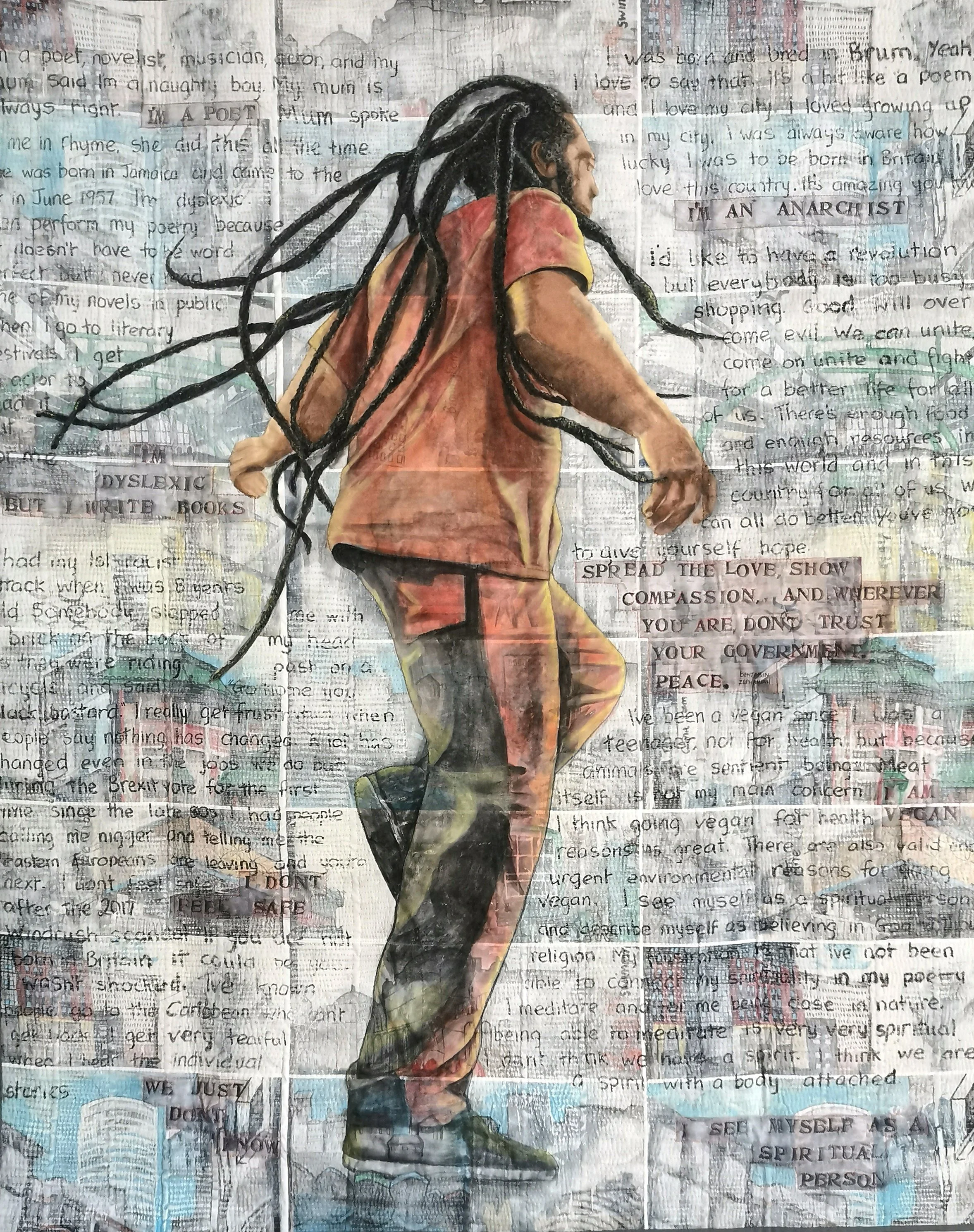Benjamin Zephaniah on Stage. Windrush Portrait by Annabel Rainbow with permission of Benjamin. SOLD
