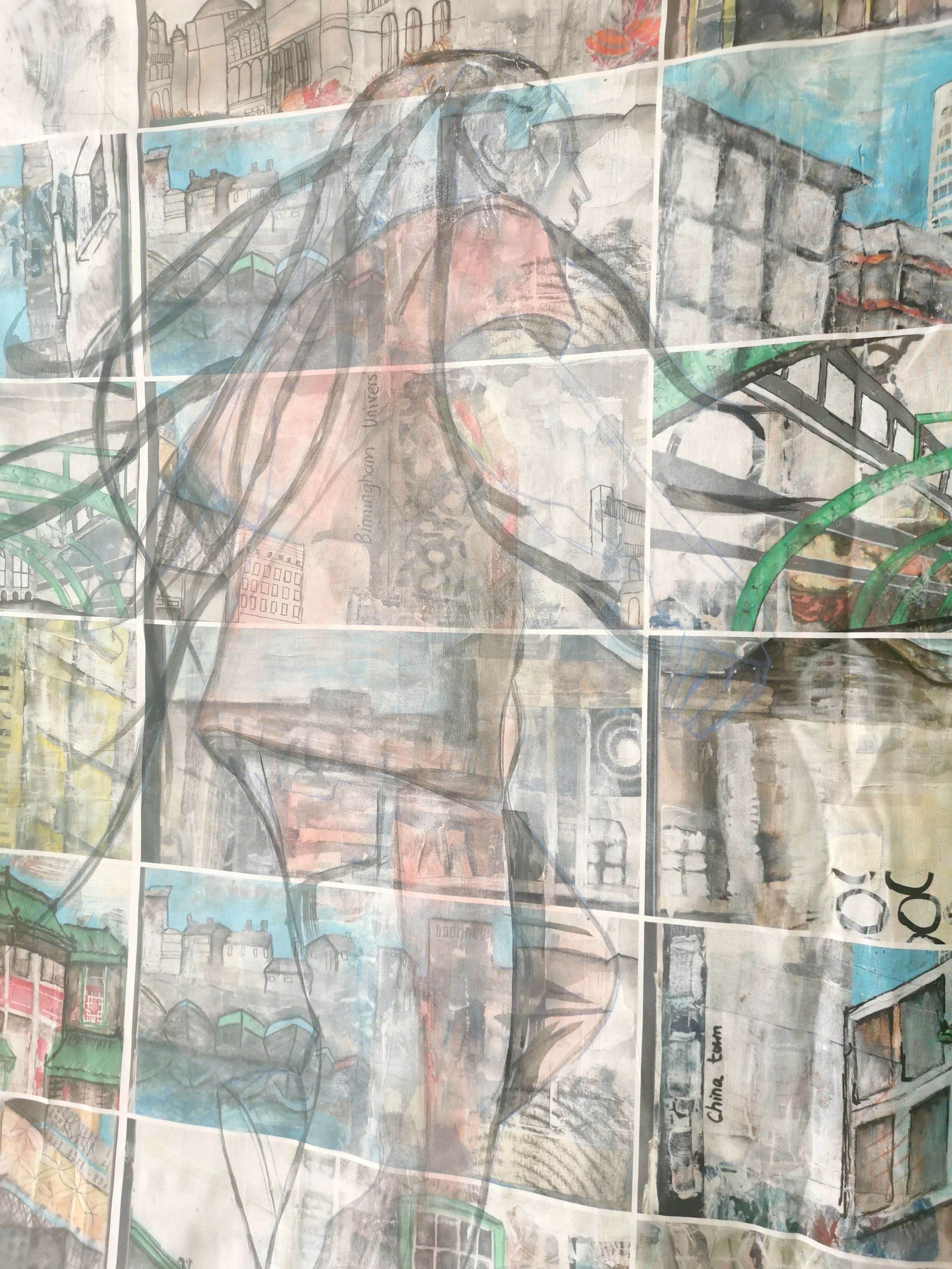 Abstract mural featuring a side profile of a person with long hair, overlayed on a collage of urban scenes, including buildings and bridges, in muted colors with hints of blue, green, and red.