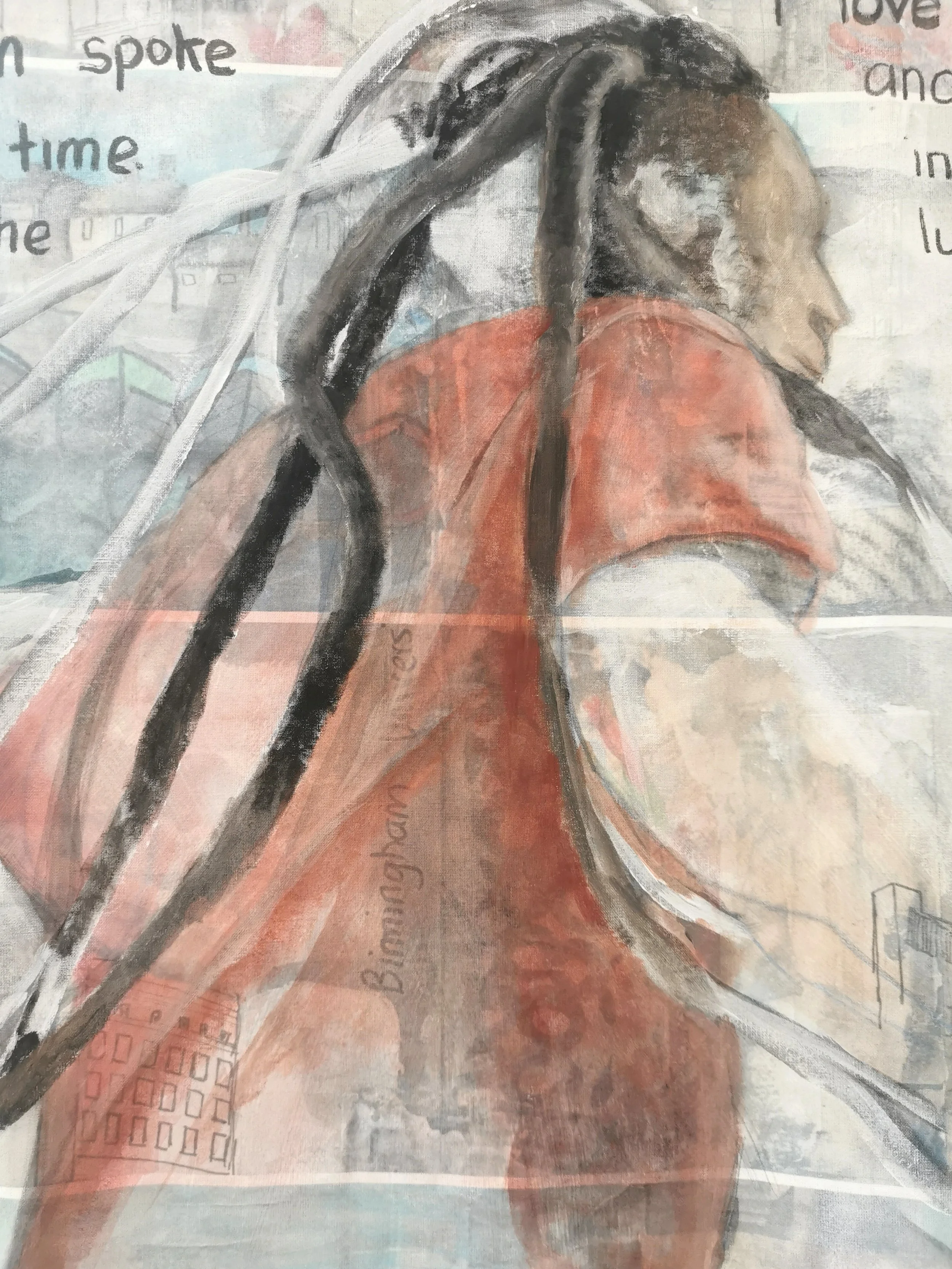 Abstract painting of a person with long hair in a red shirt, featuring background text and cityscape elements.