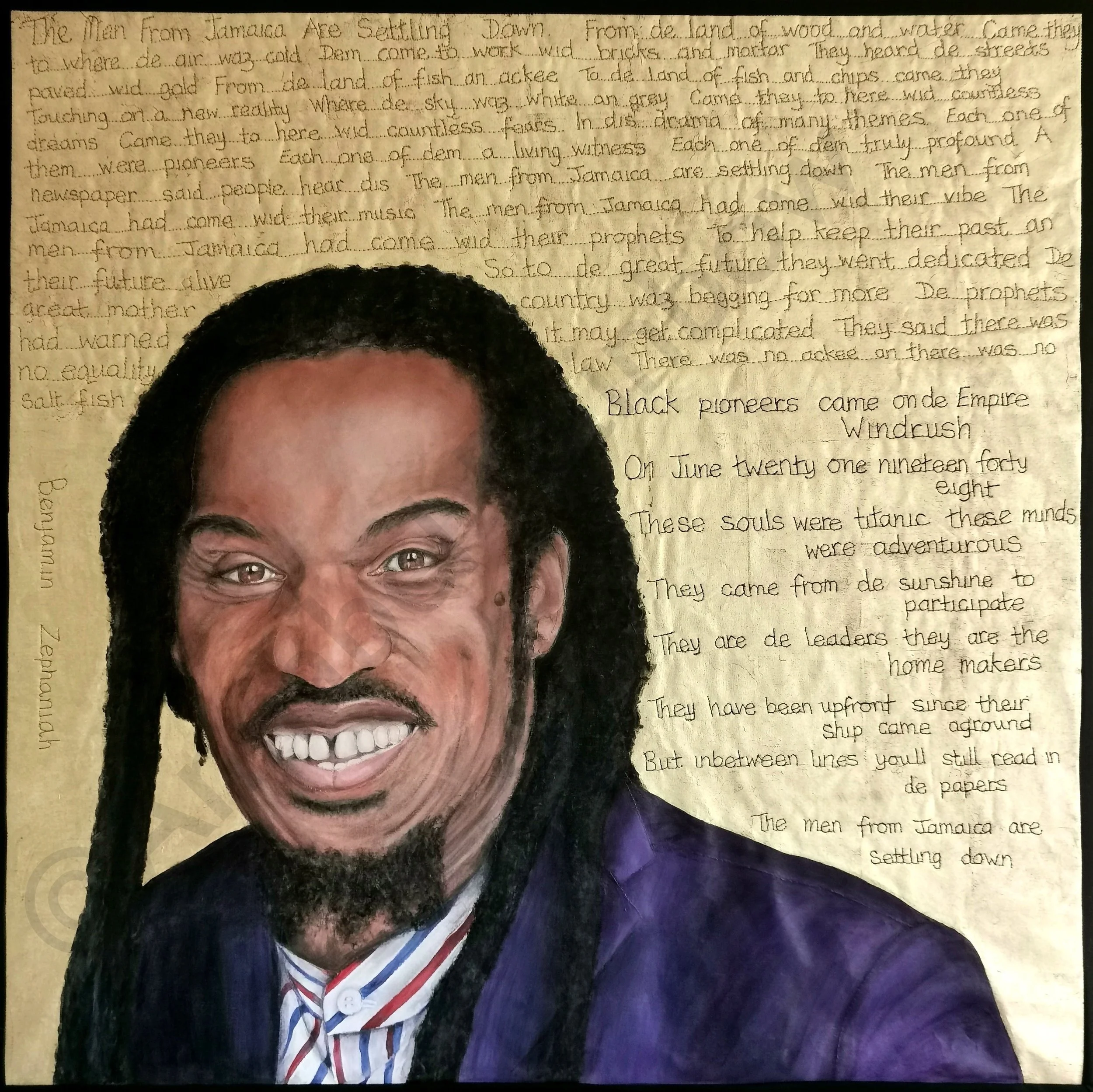 Benjamin Zephaniah on his weddding day. Windrush Portrait by Annabel Rainbow. 1 in a series.