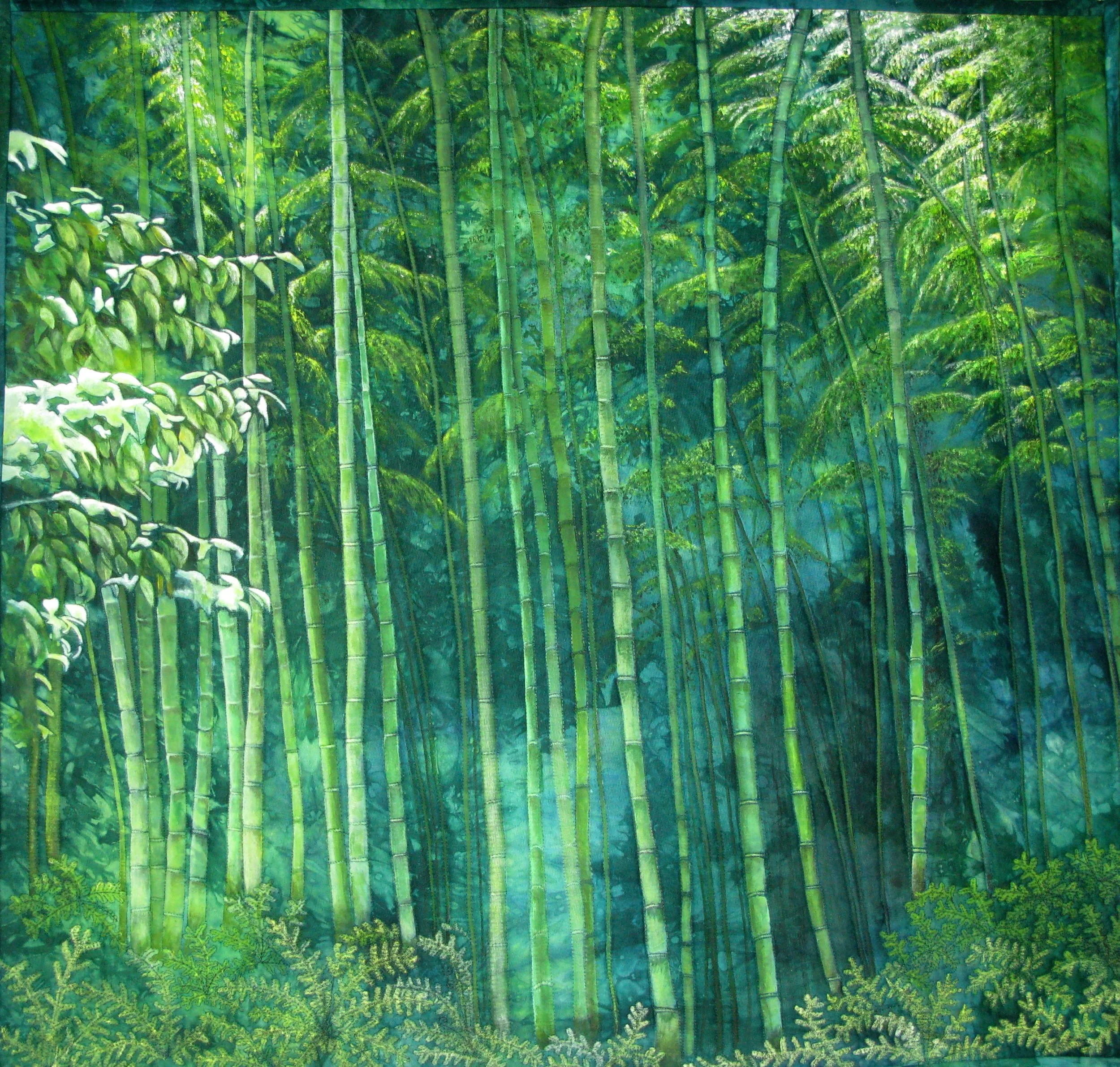 Dense bamboo forest with lush green foliage