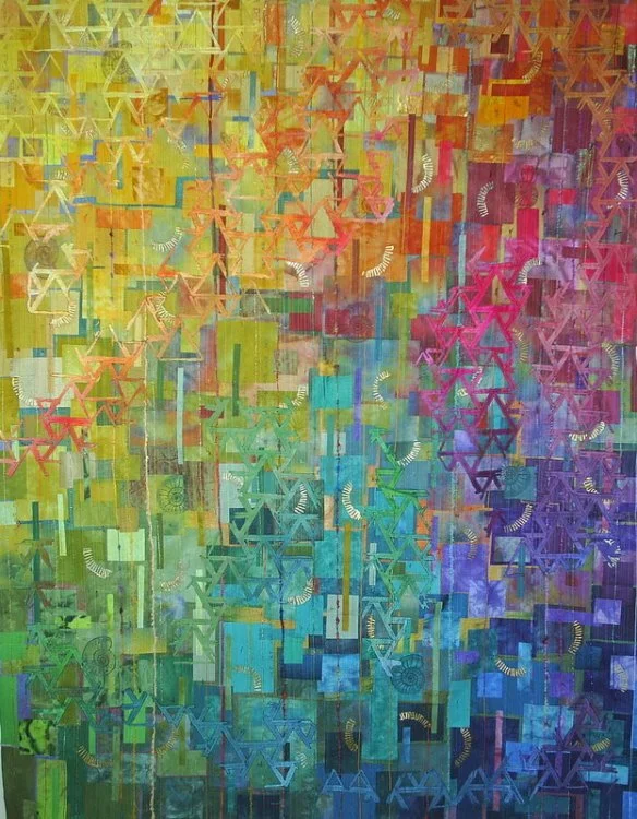 Colorful abstract painting with overlapping geometric patterns and vibrant hues of yellow, green, blue, and purple.