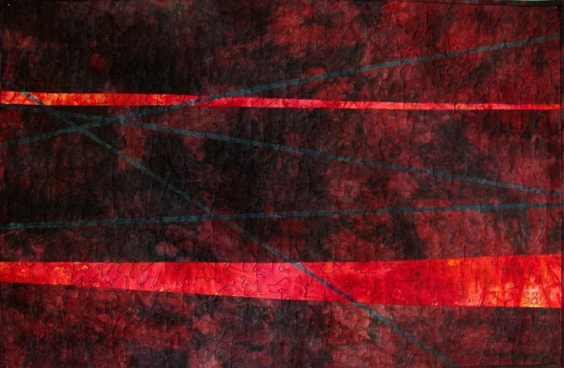 Abstract artwork with red and dark hues featuring red stripes and intersecting lines.