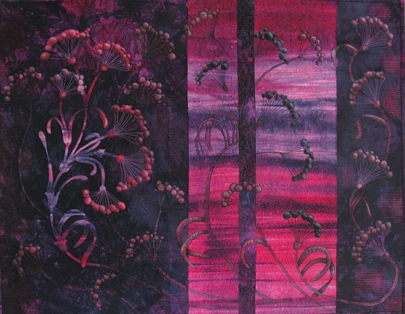 Abstract art with floral patterns and vibrant pink and purple hues