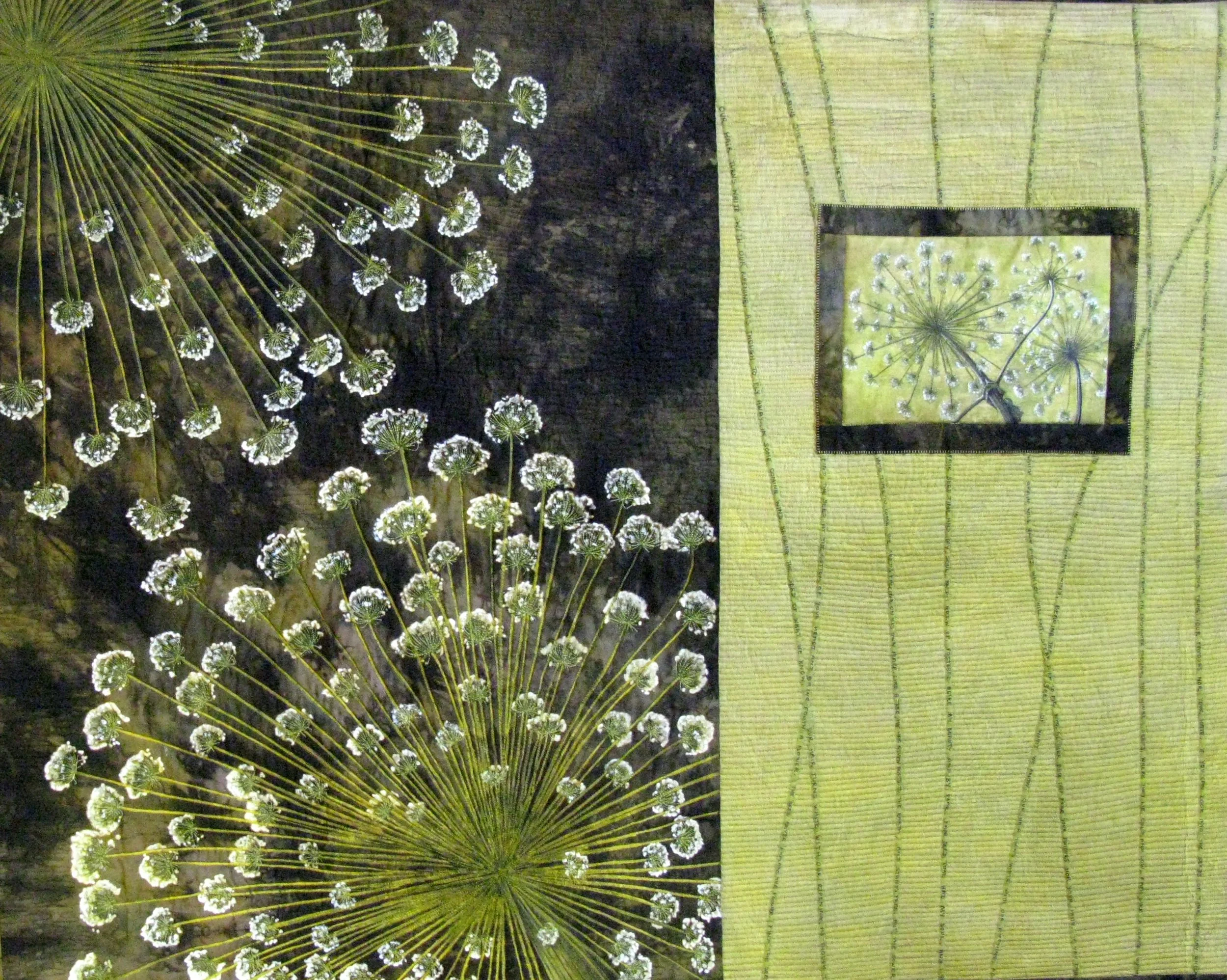 Abstract artwork of dandelion designs with green and black background.