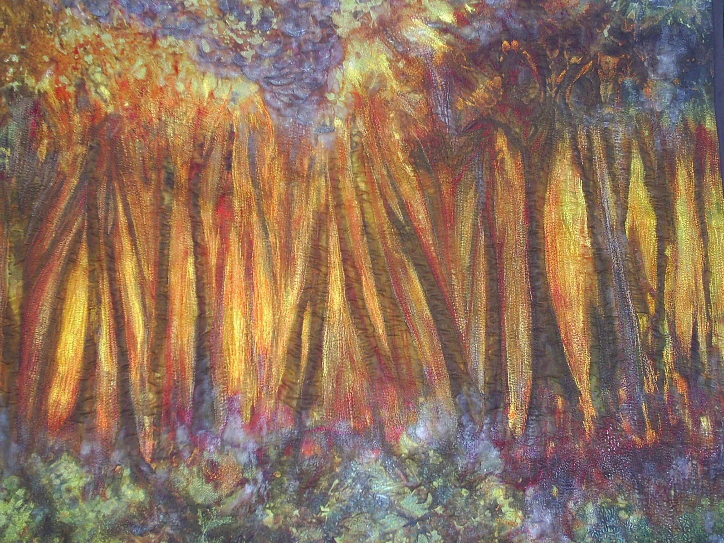 Abstract painting of a forest with bright yellow and orange hues, dark tree trunks, and purple highlights.