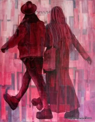 Two figures walking side by side, painted in red tones, with a textured background.