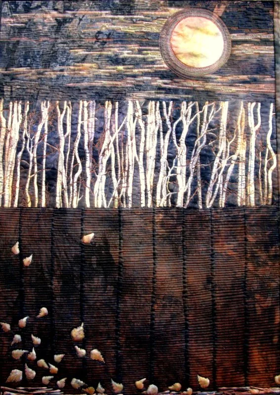 Abstract artwork depicting a forest scene with tall, slender white trees against a dark background and a large circular shape resembling the sun or moon in the sky.
