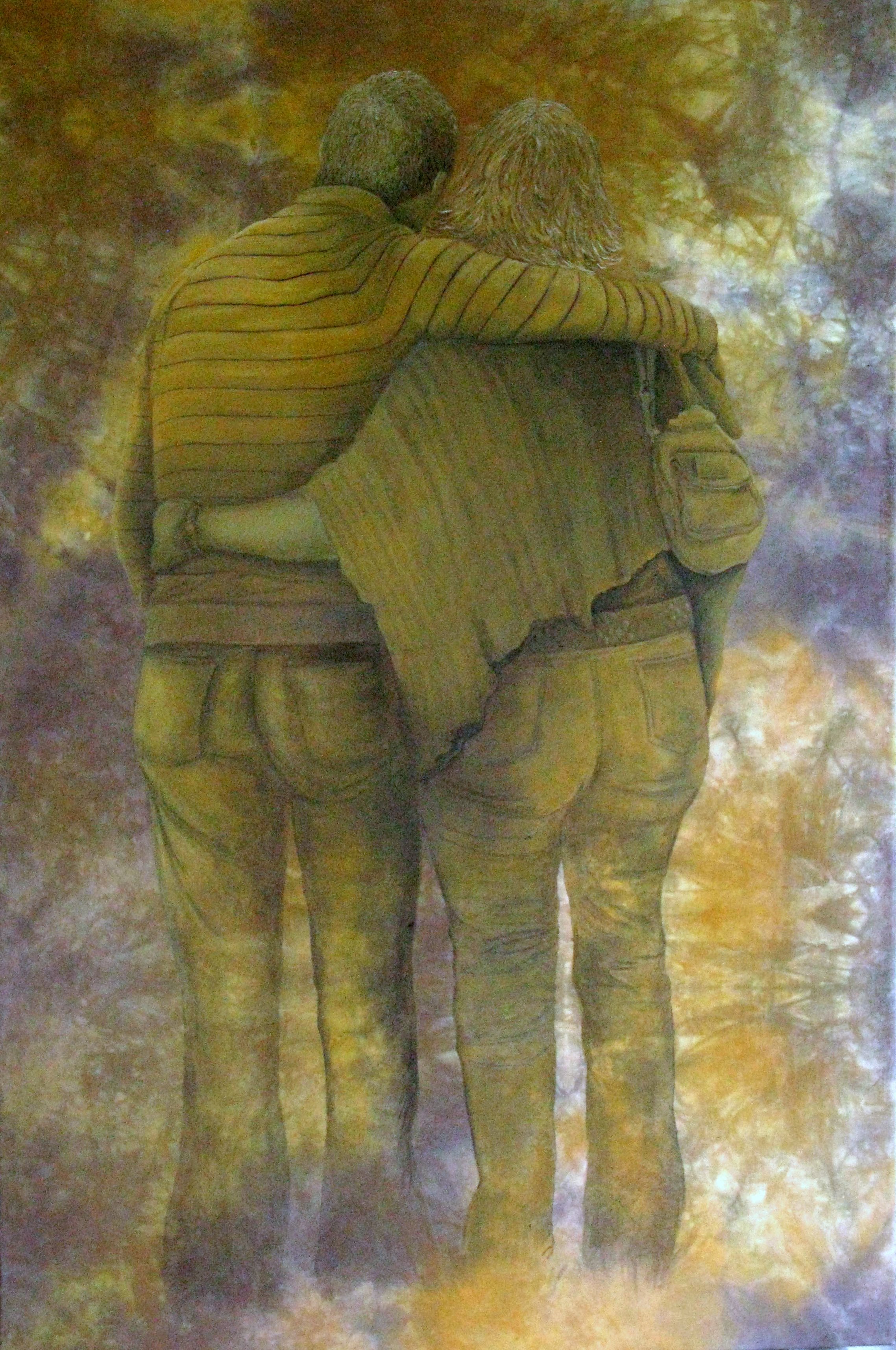 A painting of two people standing side by side, with their arms around each other's shoulders, on a textured background.