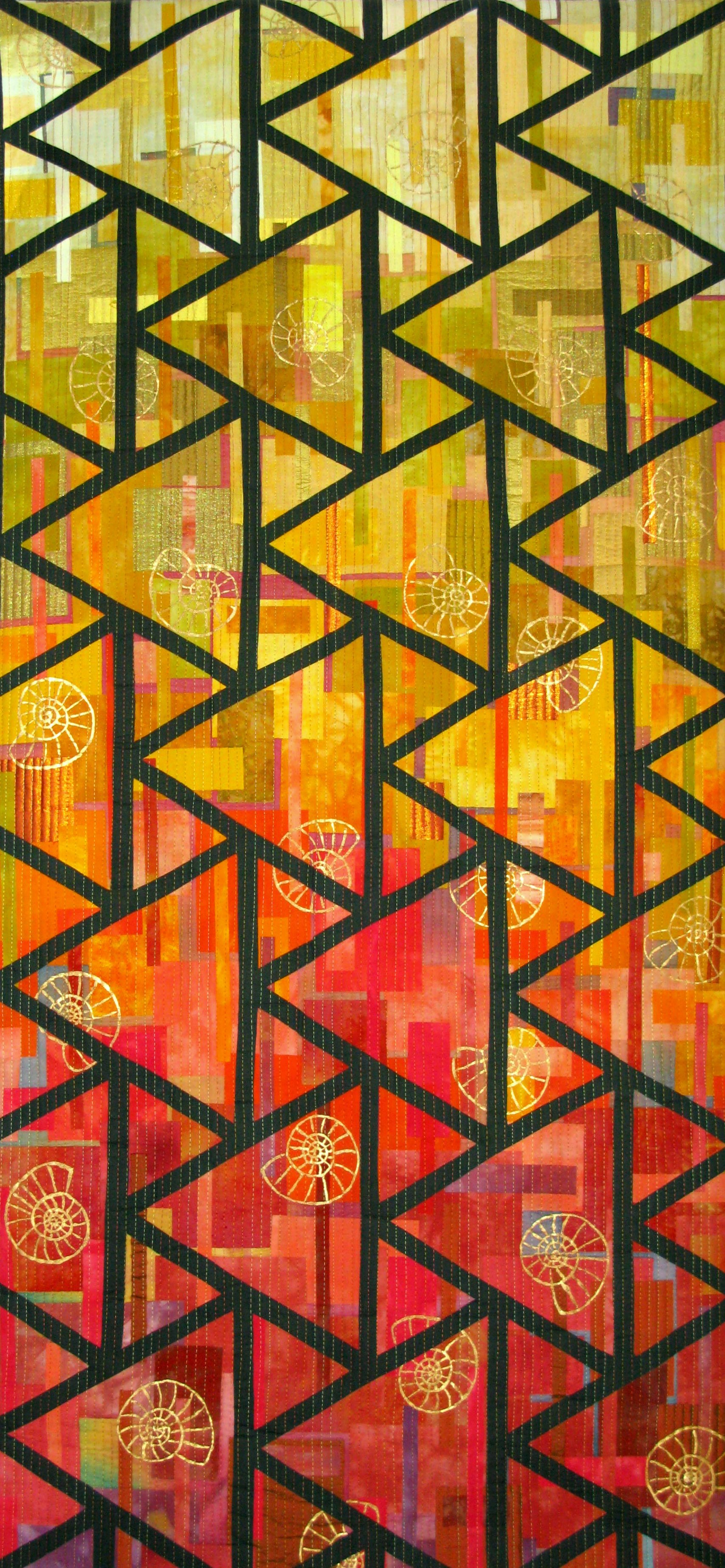 Abstract geometric pattern with black zigzag lines dividing orange, yellow, and red rectangles. Featuring spiral shell motifs.