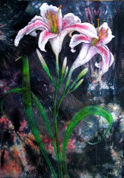 Artistic painting of pink lilies against a dark, abstract background