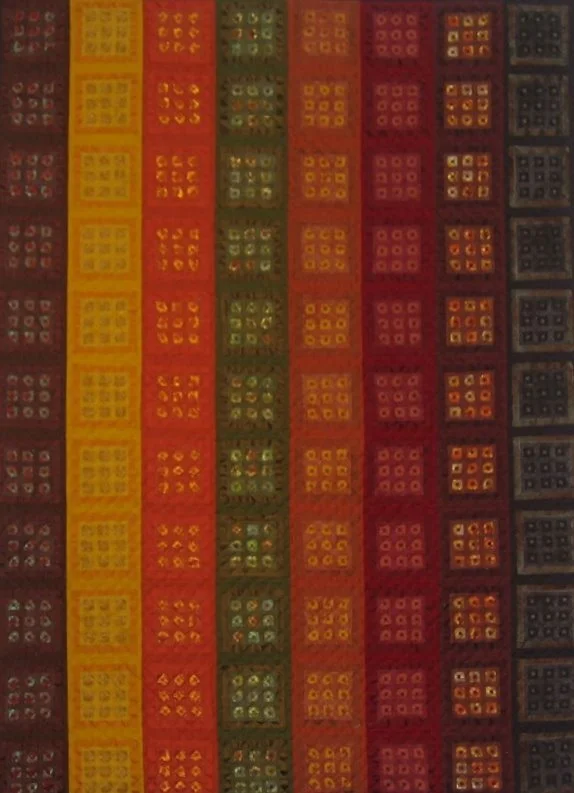 Abstract artwork featuring vertical stripes of various colors including red, yellow, green, and brown, with square patterns within each stripe.